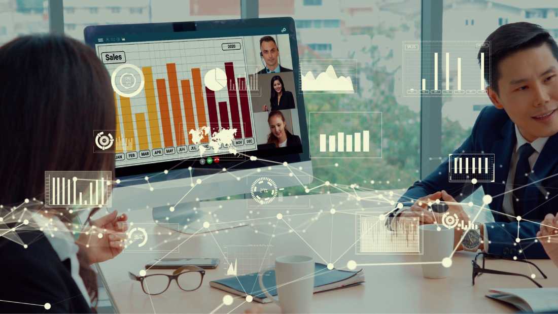 creative visual business people corporate staff meeting video call